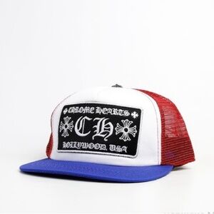 Men’s One Size Chrome Hearts CH Hollywood Patriotic Trucker Hat Red/White/Blue